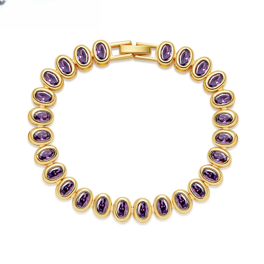 Colorful Oval Crystal Link Bracelet for Women and Men, Gold Plated Fashion Statement Chain Bracelet