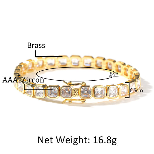 Men’s Iced Out Cubic Zirconia Chain Bracelet in Gold or Silver Tone, Square Stone Hip Hop Statement Bracelet, 7 Inch & 8 Inch