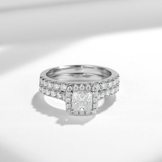 Princess Cut Moissanite Halo Ring Set for Women, Double-Layer Engagement Ring alternate product image