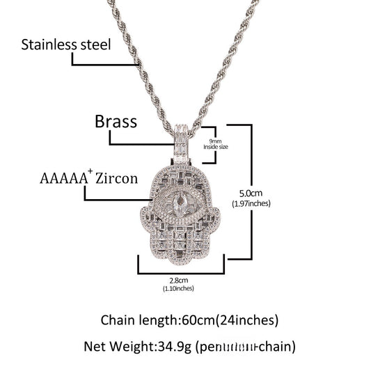 Iced Eye Hand Pendant Necklace with Cubic Zirconia Twist Chain for Women and Men