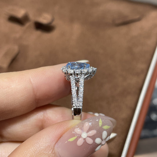 925 Silver Blue Teardrop Halo Ring for Women, Split Shank Promise Ring alternate product image
