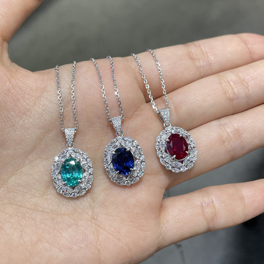 Oval Lab-Grown Colored Gemstone Halo Pendant Necklace for Women alternate product image