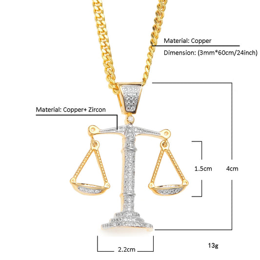 Libra Scales Pendant Necklace with Cuban Chain - Gold, Silver or Two-Tone Cubic Zirconia Statement Necklace for Women & Men