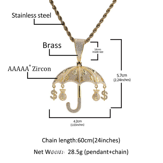 Iced Umbrella Pendant Necklace for Women – Cubic Zirconia Hip Hop Statement Chain in Gold or Silver Tone, 24 Inch Twisted Rope Chain