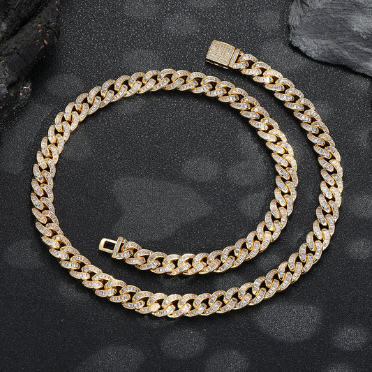 10mm Iced Cuban Link Chain Necklace, Zirconia-Set, Unisex Hip Hop Jewelry, White and Yellow Tone