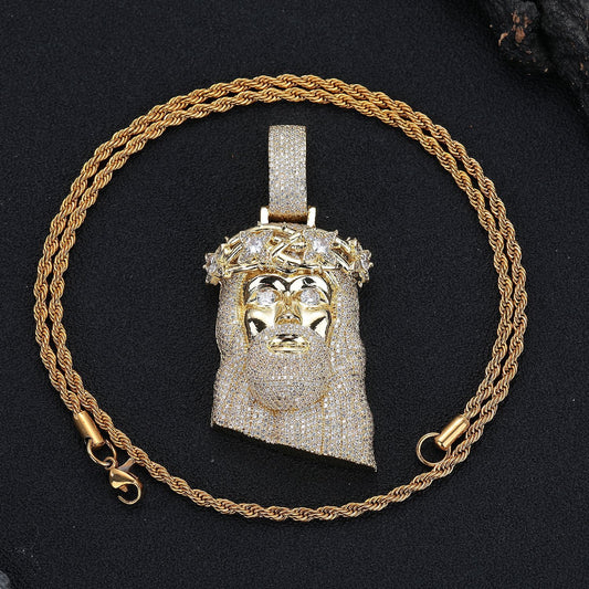 Jeweled Cartoon Face Pendant Necklace, 3MM Twisted Rope Chain, Gold Tone / Silver Tone