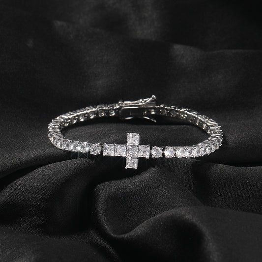Men’s Silver Plated Cubic Zirconia Cross Chain Necklace Bracelet Set, 4MM Statement Pendant Jewelry