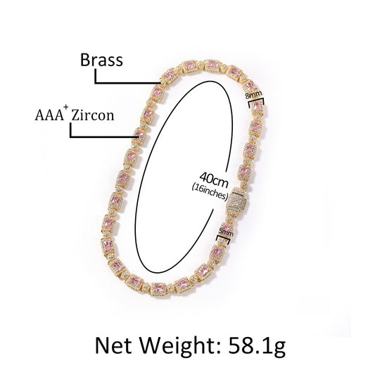 Unisex Iced Out Rectangle Zircon Necklace – Gold or Silver Tone Pink/White Stone Chain, 16/18/20 Inch