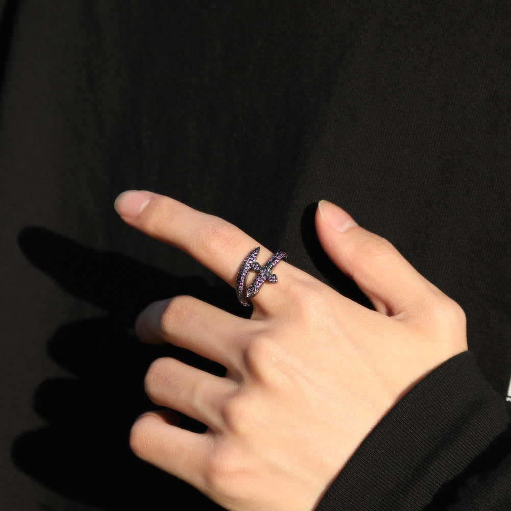 Vintage Sword Cubic Zirconia Ring for Women & Men - Oval Statement Gold, Silver & Black Purple Ring product image