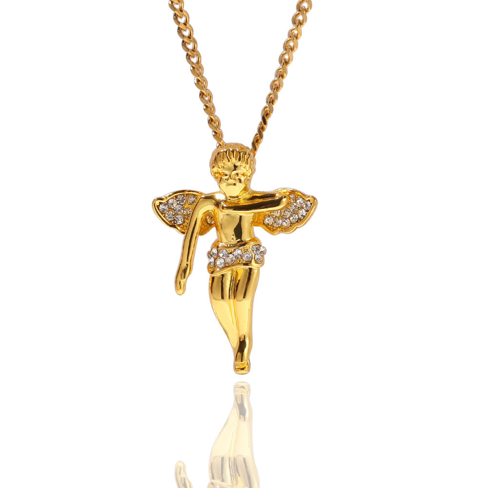 Iced Angel Pendant Necklace with 60cm Stainless Steel Cuban Chain for Women & Men