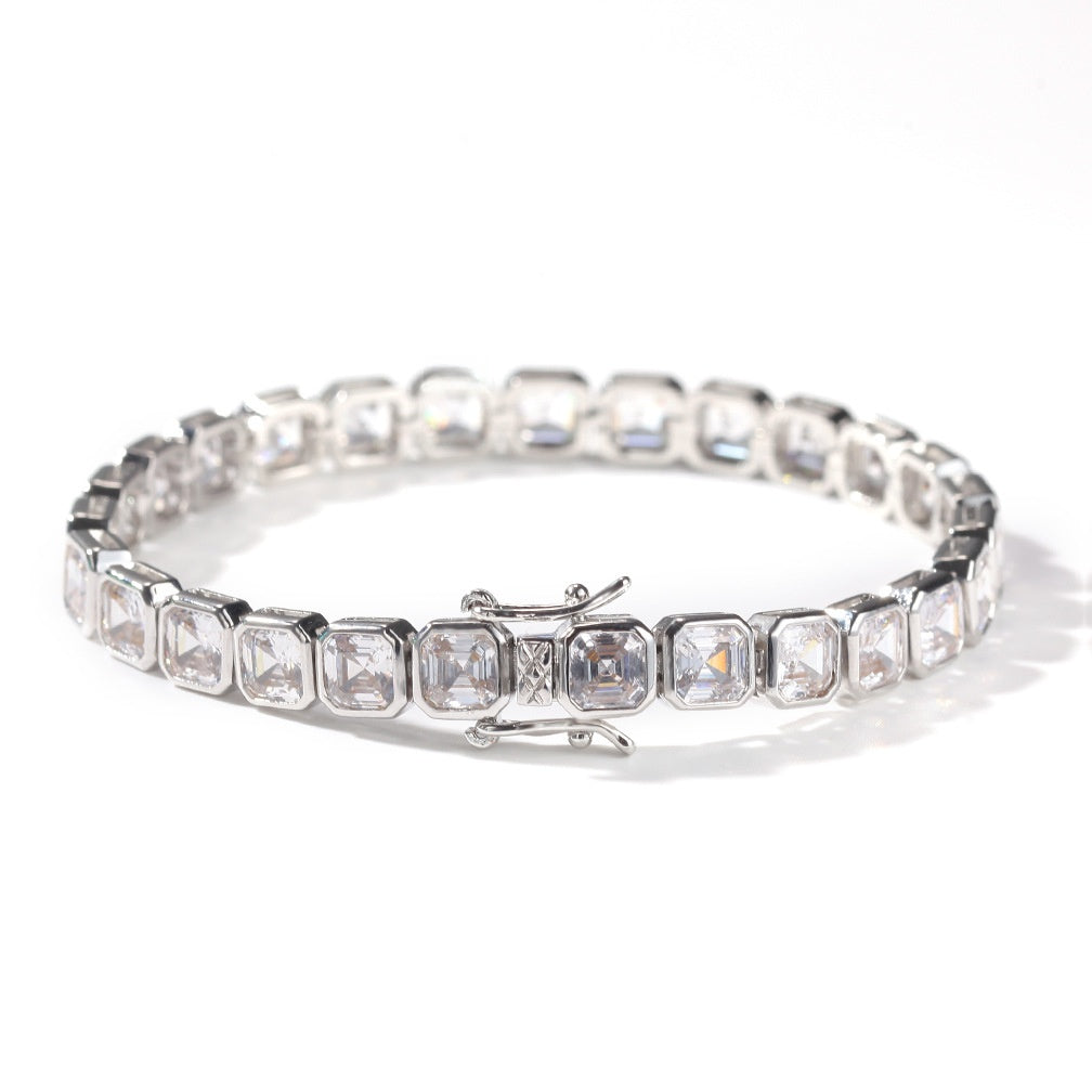 Men’s Iced Out Cubic Zirconia Chain Bracelet in Gold or Silver Tone, Square Stone Hip Hop Statement Bracelet, 7 Inch & 8 Inch
