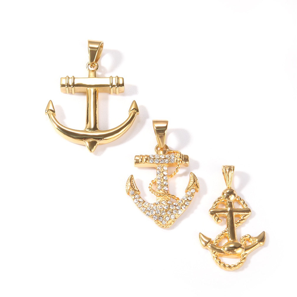 Unisex Stainless Steel Anchor Pendant Necklace with Cuban Chain, Gold Plated Hip Hop Statement Chain