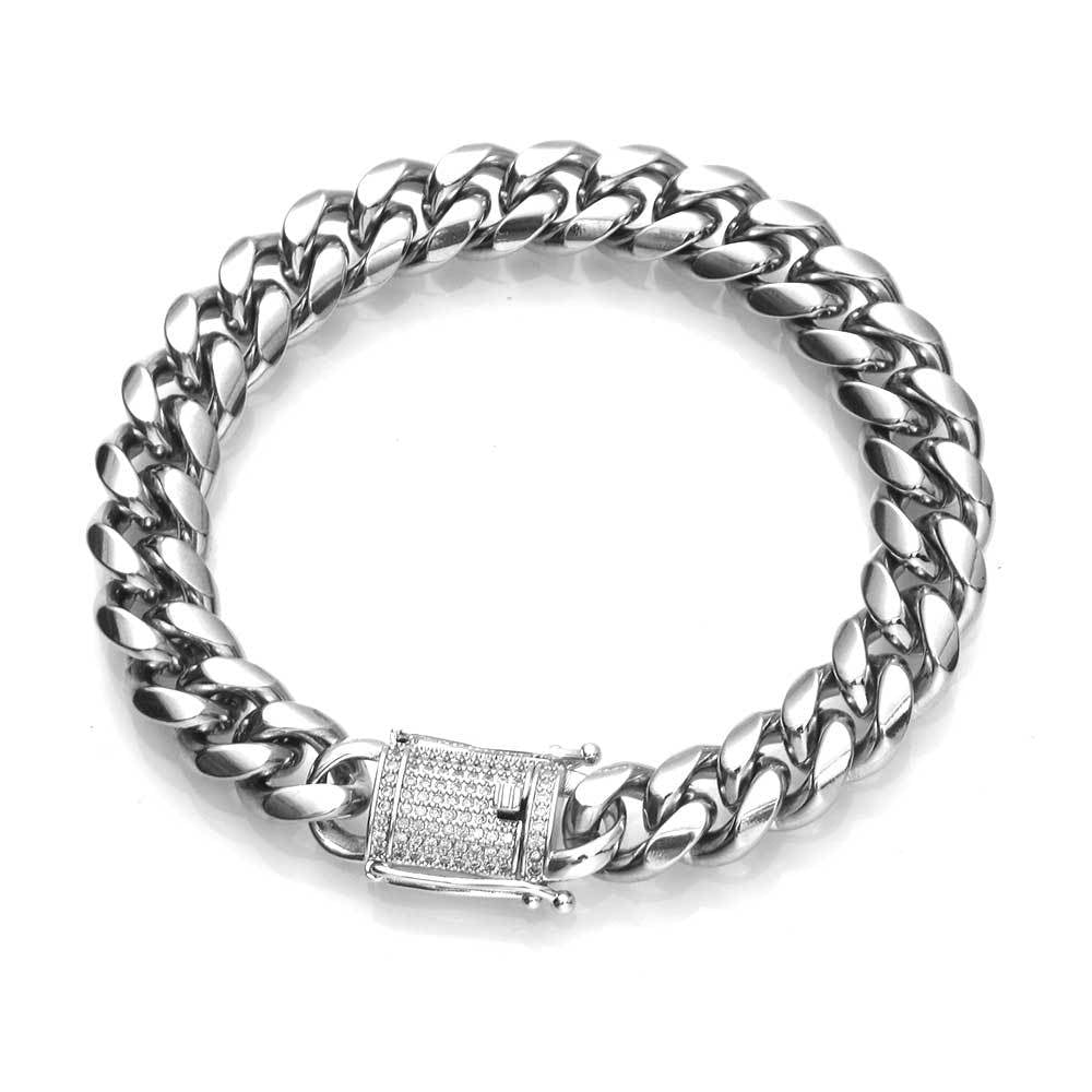 12 mm Polished Cuban with CZ Clasp Stainless steel Bracelet - CHA008 product image