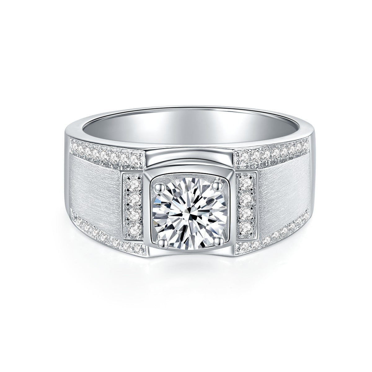 Moissanite Wedding Ring for Men, Wide Brushed Band with Round Center Stone product image
