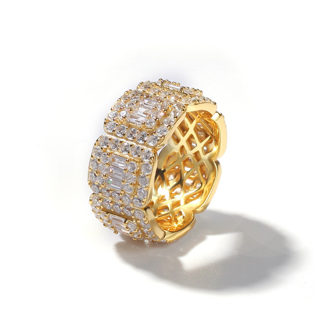 Unisex Iced Out Circular Band Ring with Cubic Zirconia in Gold or Silver Plated, 8mm/10mm Statement Ring