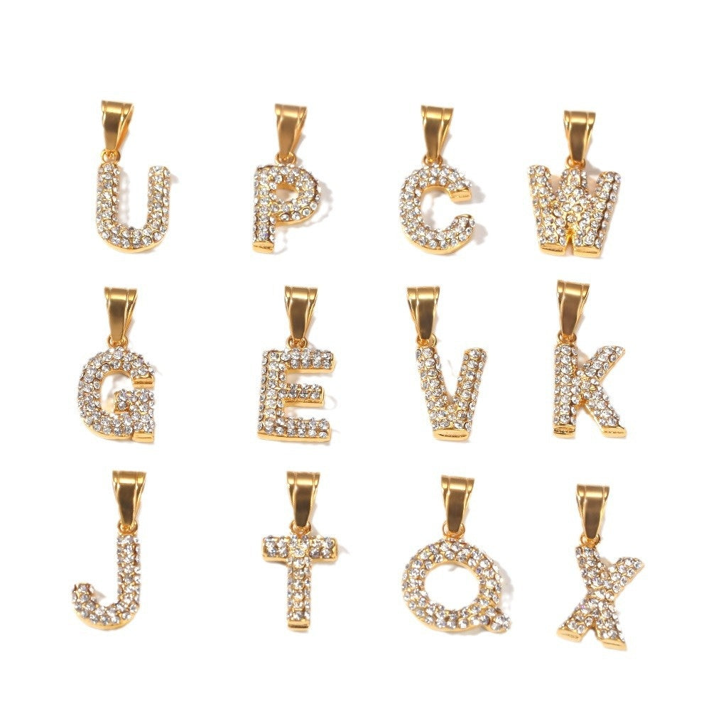 Iced Initial Letter Pendant Necklace for Men in Stainless Steel with Rhinestones, 24-Inch Twist Chain, Gold and Silver Tone A-Z