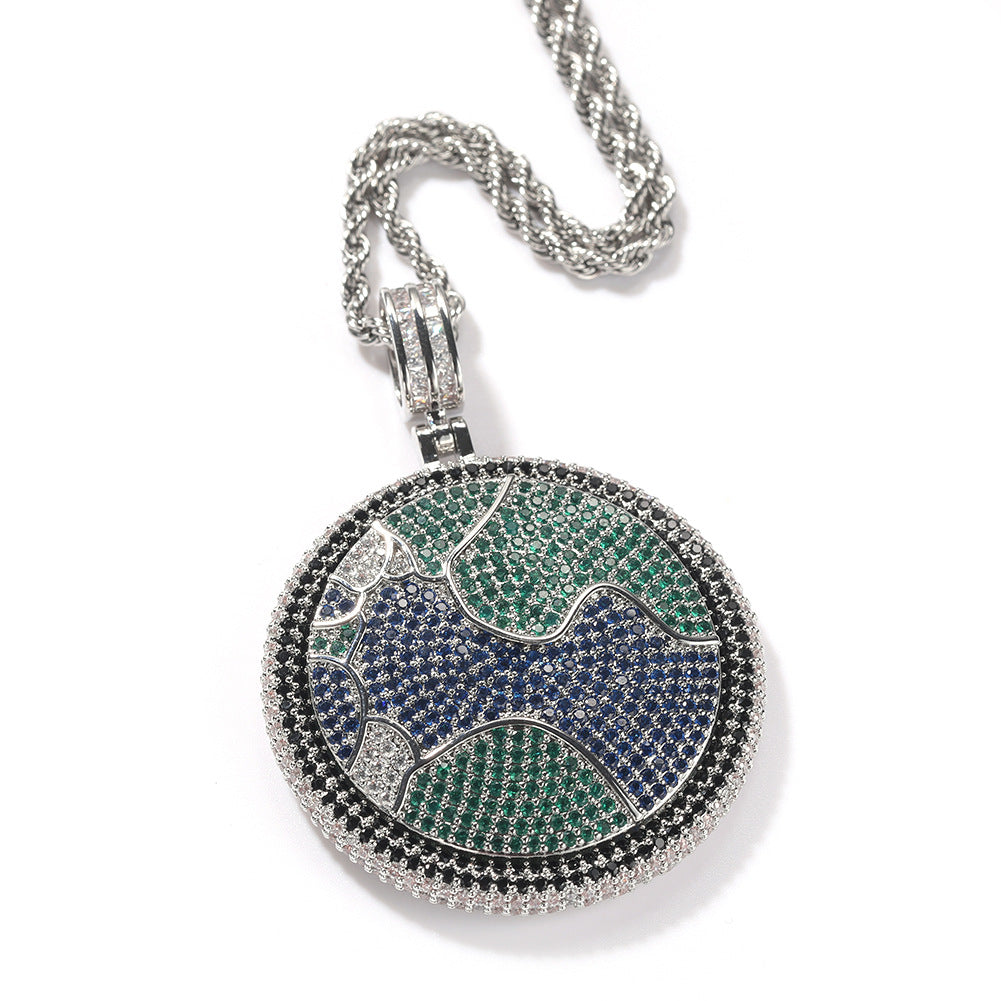Planet Pendant Necklace for Women with Cubic Zirconia Round Statement Charm on Twisted Chain