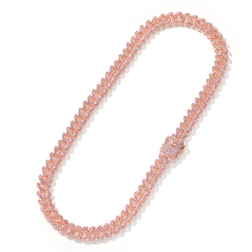 2026 Pink Iced Cuban Link Chain Set for Men – Alloy Electroplated Bracelet & Necklace Street Style Jewelry