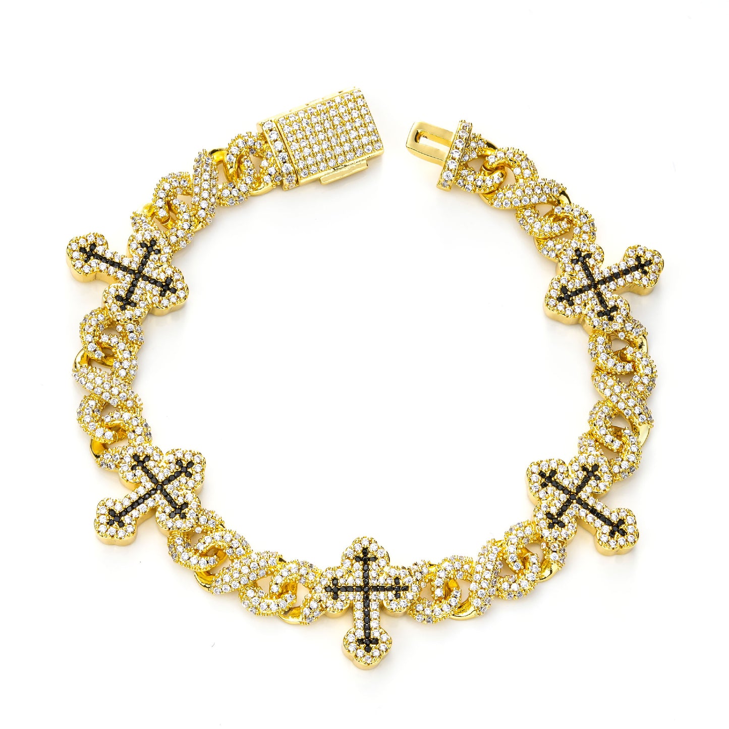 Iced Out Cross Cuban Link Chain Necklace & Bracelet, Zircon Hip Hop Jewelry