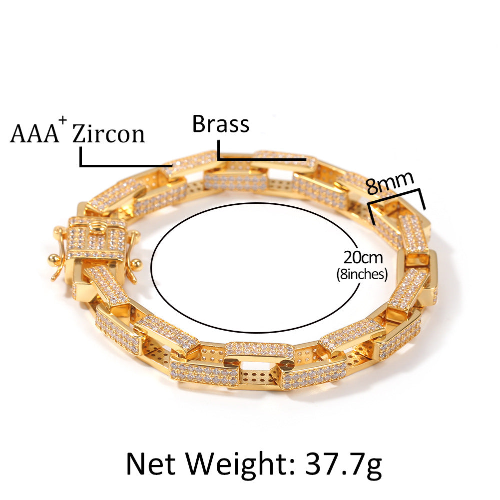 Gold Plated Cuban Link Chain Necklace & Bracelet with Cubic Zirconia Rectangle Links for Women and Men