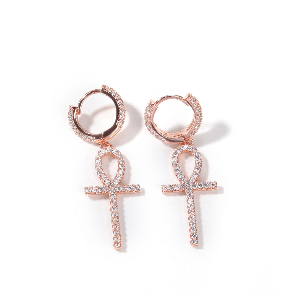 Unisex Ankh Cross Drop Earrings with Cubic Zirconia in Gold, Silver, and Rose Gold