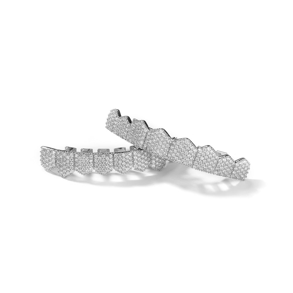 Iced Fang Grillz with Cubic Zirconia – Gold or Silver Upper/Lower Hip Hop Statement Teeth Jewelry