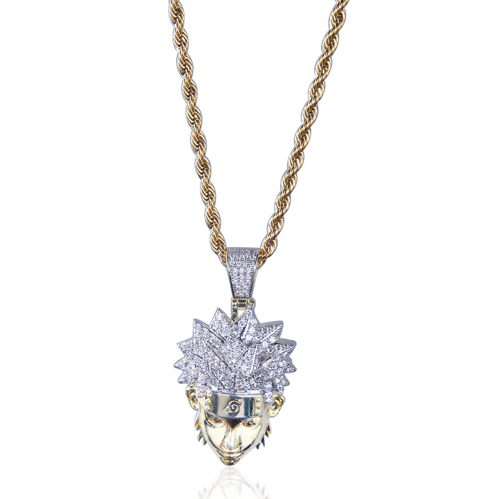 Iced Cartoon Character Pendant Necklace with Cubic Zirconia – Gold Tone or Silver Tone Twisted Chain, Unisex Hip Hop Statement Jewelry