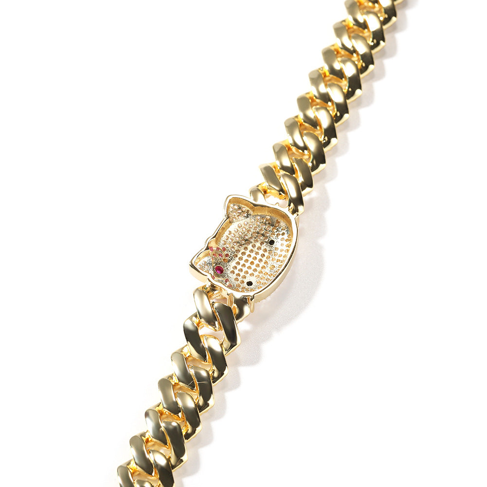 Iced Cartoon Cat Pendant Cuban Link Chain Necklace Bracelet for Women & Men, Gold Plated and Silver Plated Statement Jewelry