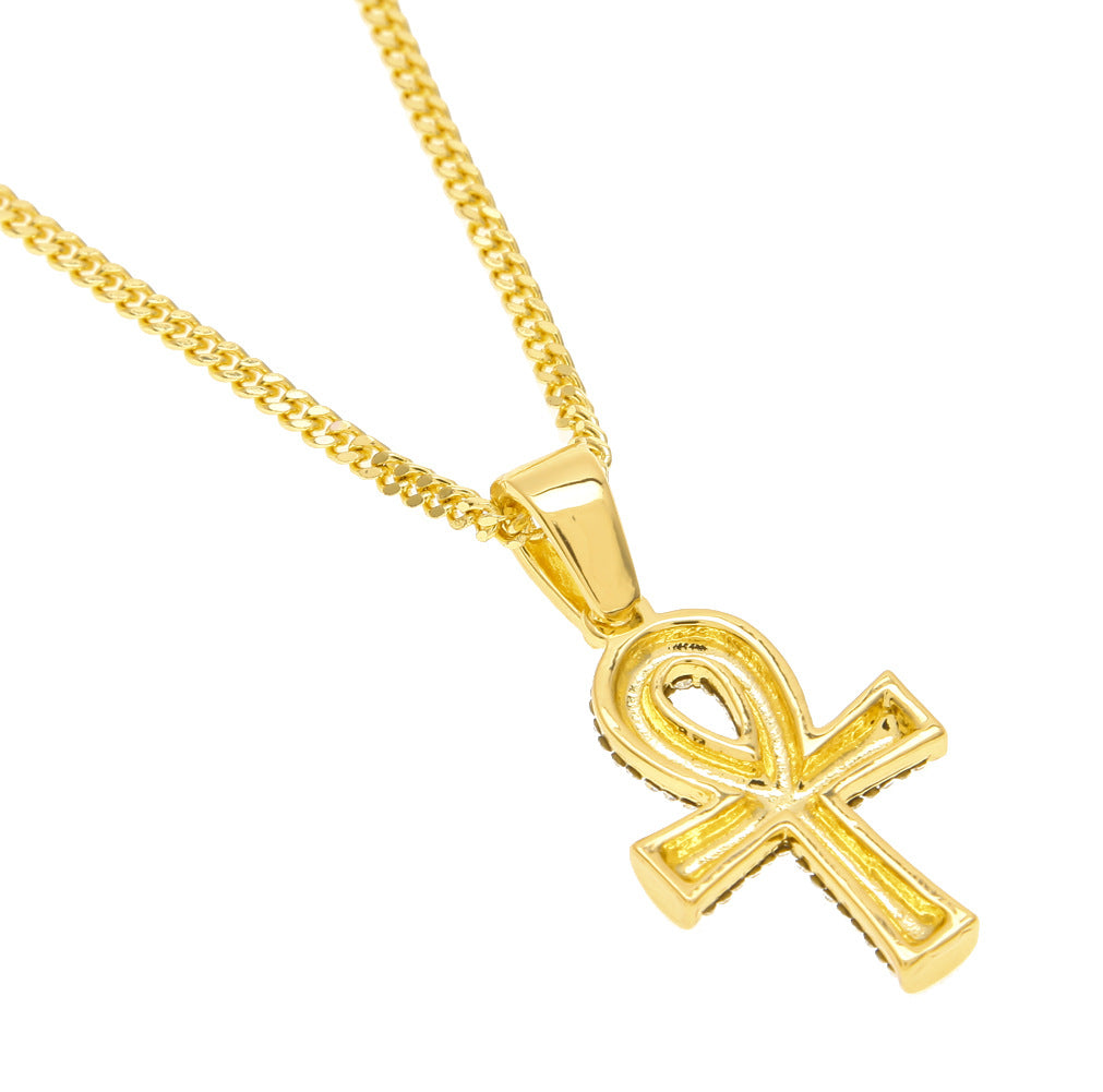 Gold Tone Crystal Ankh Pendant Necklace with 3mm Cuban Chain for Women
