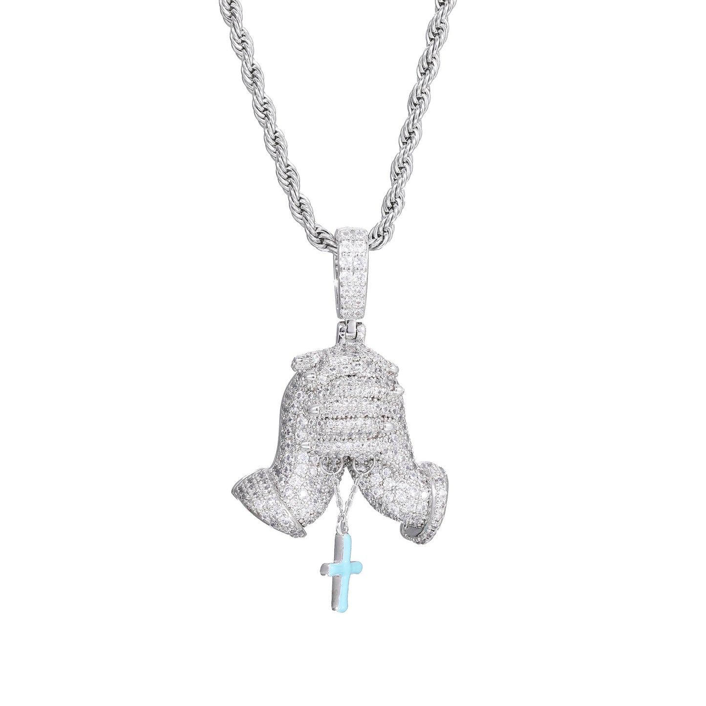 Iced Out Praying Hands Cross Pendant Necklace in White Tone with Cubic Zirconia product image