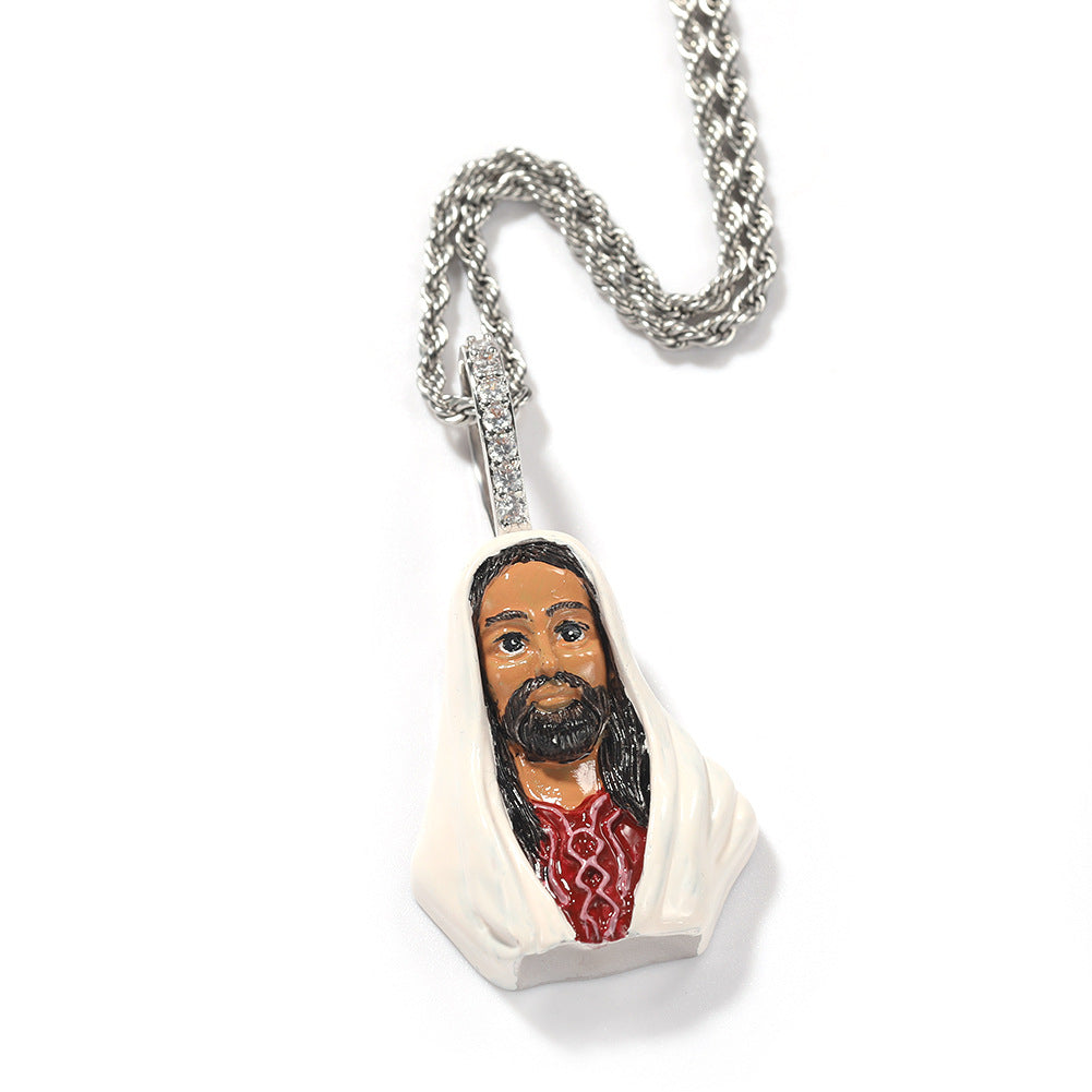 Men’s Hip Hop Enamel Jesus Pendant Necklace with Twisted Stainless Steel Chain, Gold Tone & White