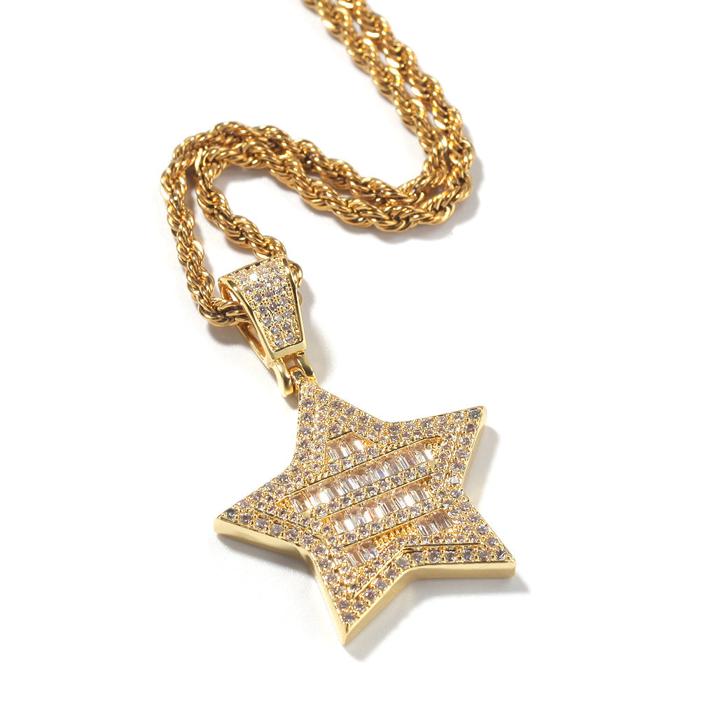 Iced Out Star Pendant Necklace for Women & Men - Cubic Zirconia Hip Hop Chain in Gold or Silver, Twist or Cuban Link