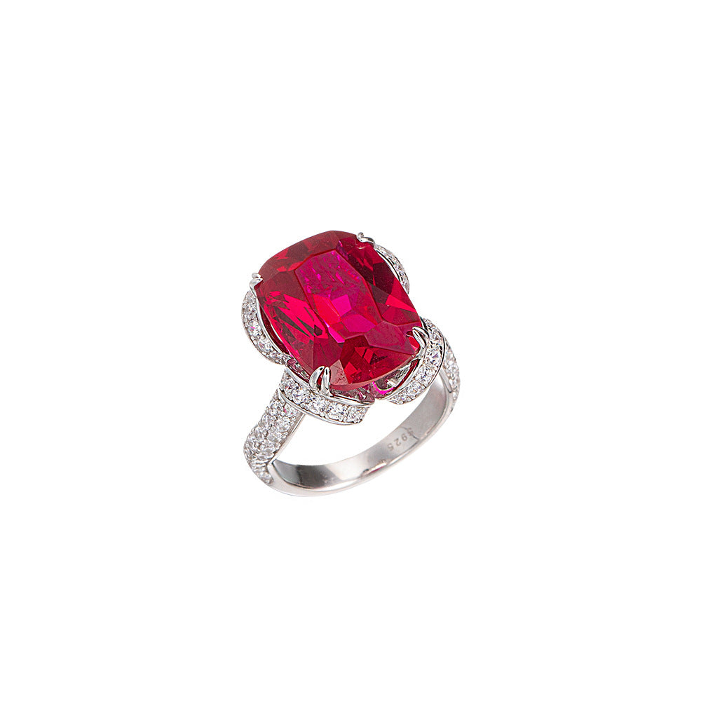 Lab-Created Ruby Cushion Halo Ring, S925 Silver 18K Gold Plated Statement Ring product image