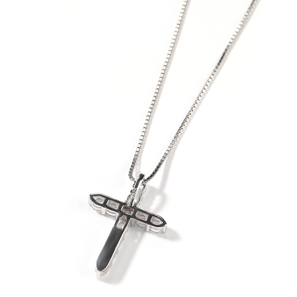 Sterling Silver Cross Pendant Necklace with Cubic Zirconia on Box Chain