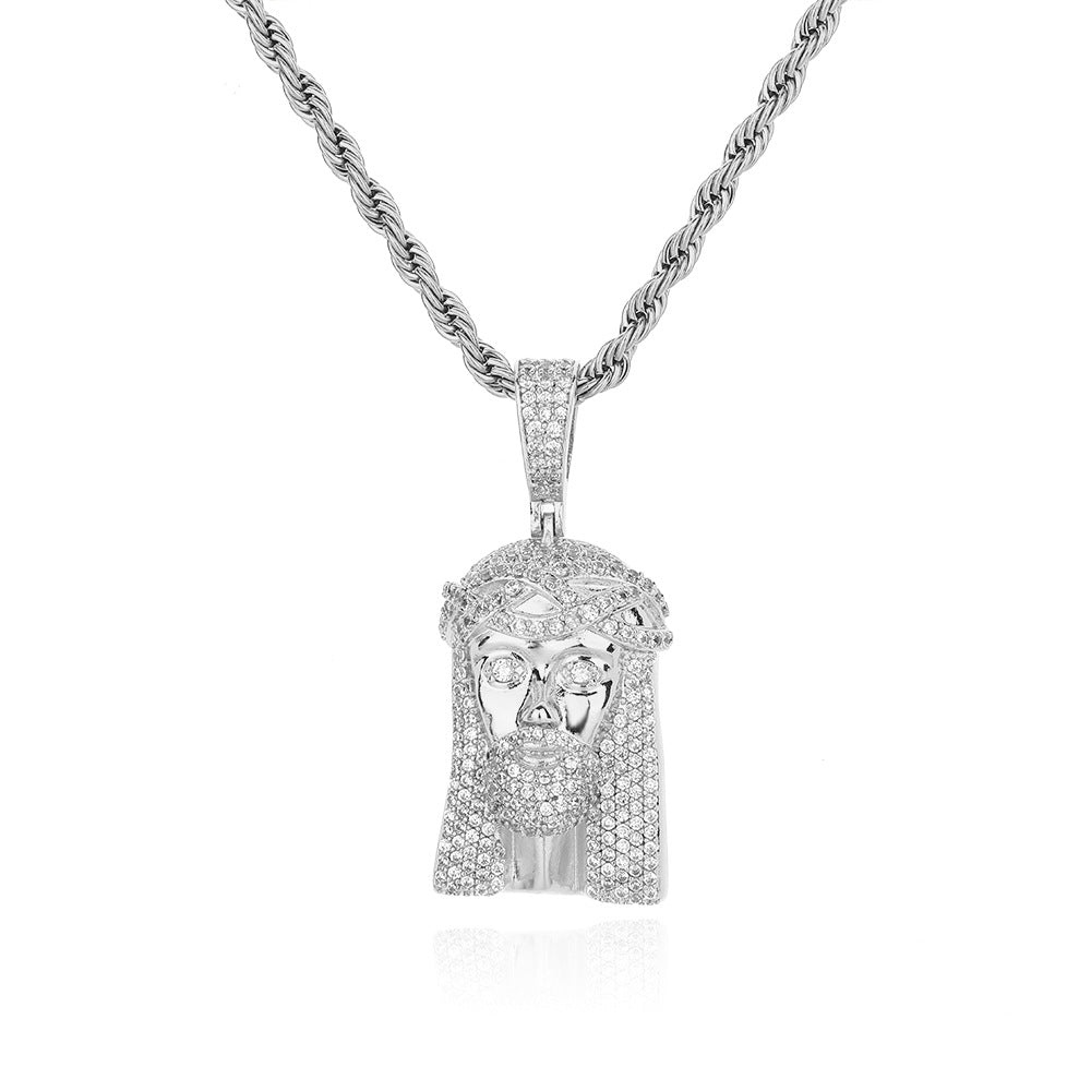 Jesus Face Pendant Rope Chain Necklace for Men, Iced Out Hip Hop Jewelry