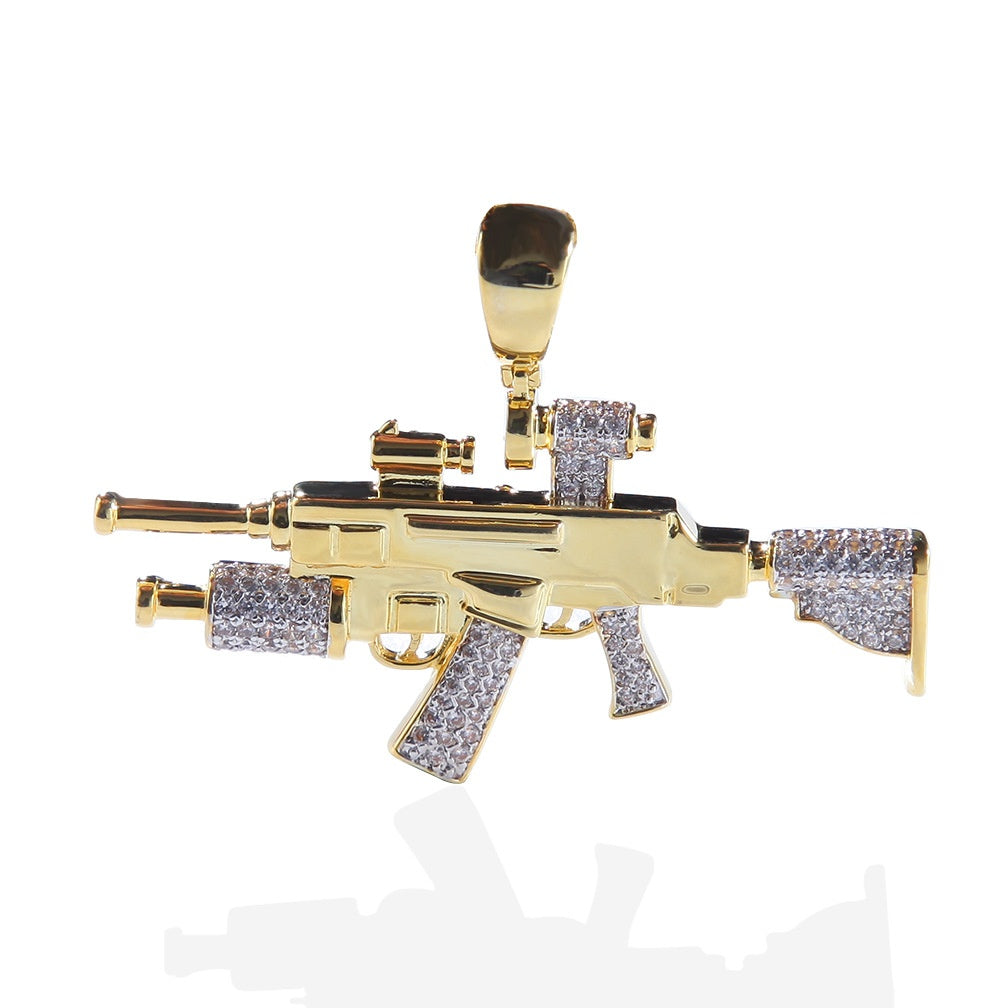 Gold Plated Hip Hop Rifle Pendant Necklace with Cubic Zirconia Iced Charm on 24 Inch Stainless Steel Twist or Cuban Chain