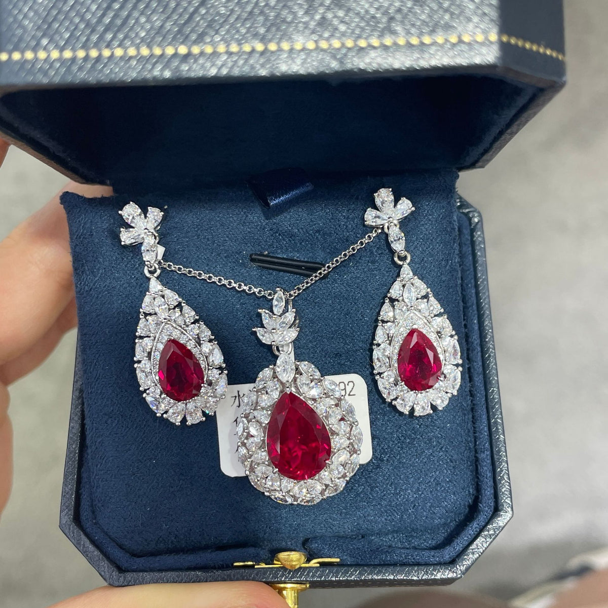 Red Teardrop Lab Ruby Necklace and Earrings product image