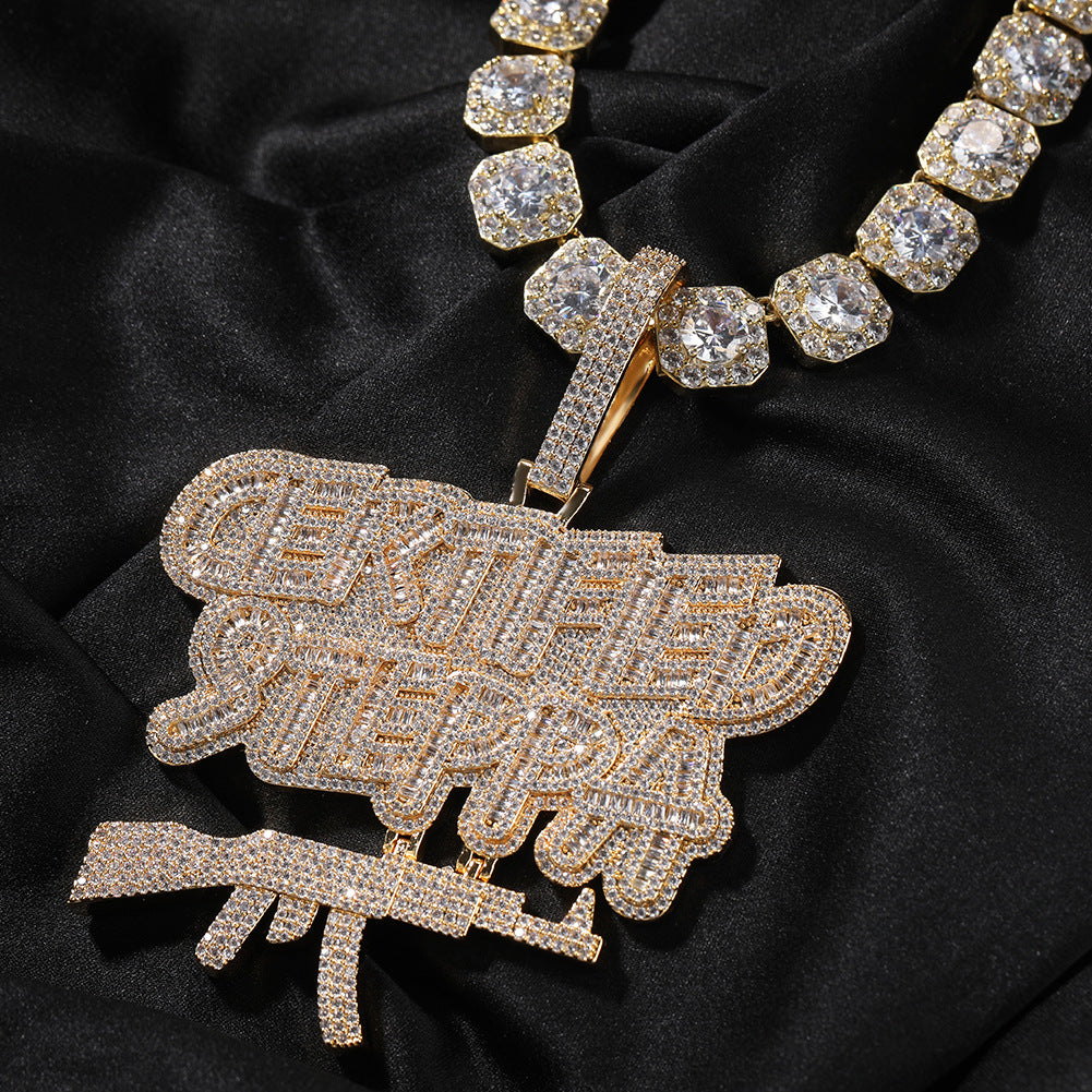 Iced Out English Letter Pendant Necklace with 24 Inch Twist Chain - Gold Plated or Silver Plated Hip Hop Statement Chain