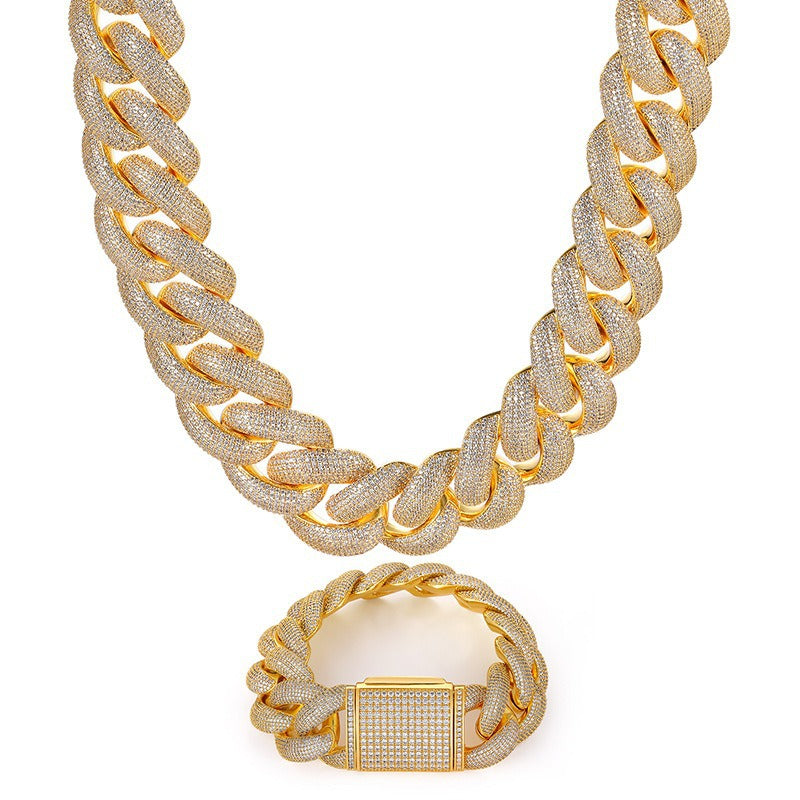 Iced Out Cuban Link Chain Necklace Bracelet Set for Men Women, Geometric Round Zircon Hip Hop Jewelry product image