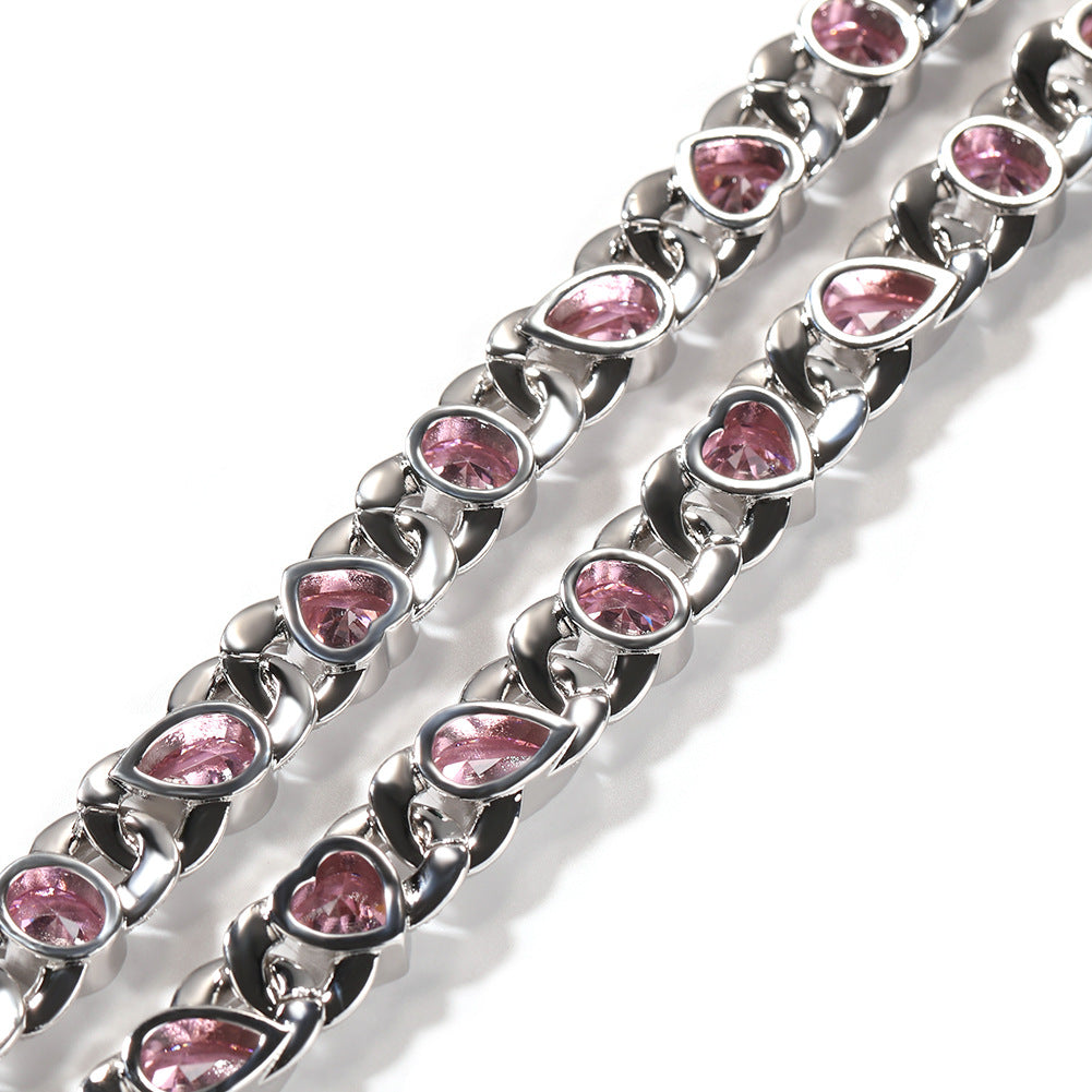 Silver Plated Pink Cubic Zirconia Heart Chain Necklace Bracelet for Women