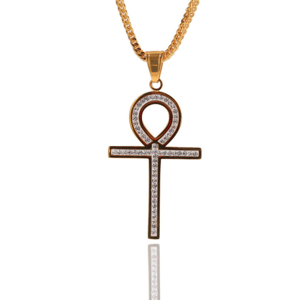 Minimalist Gold Plated Stainless Steel Ankh Pendant Necklace with Cubic Zirconia Chain for Women & Men