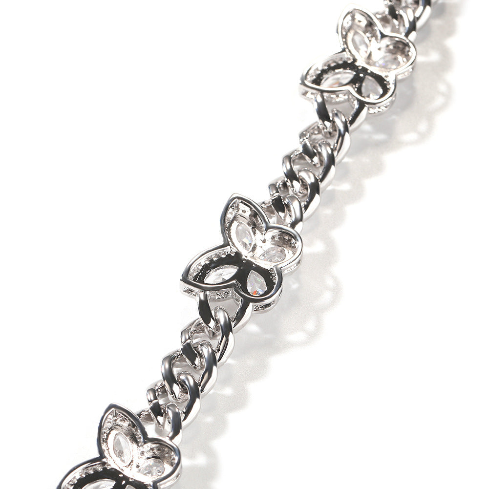 Iced Butterfly Cuban Link Chain Necklace & Bracelet for Women and Men, Gold Plated or Silver Plated Cubic Zirconia Statement Jewelry