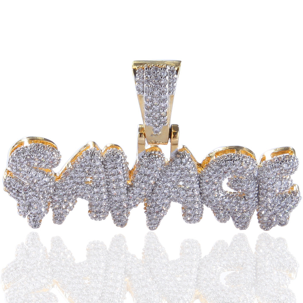 Iced Out English Letter Pendant Necklace for Women and Men, Gold Plated Copper Hip Hop Chain with Cubic Zirconia Statement Charm