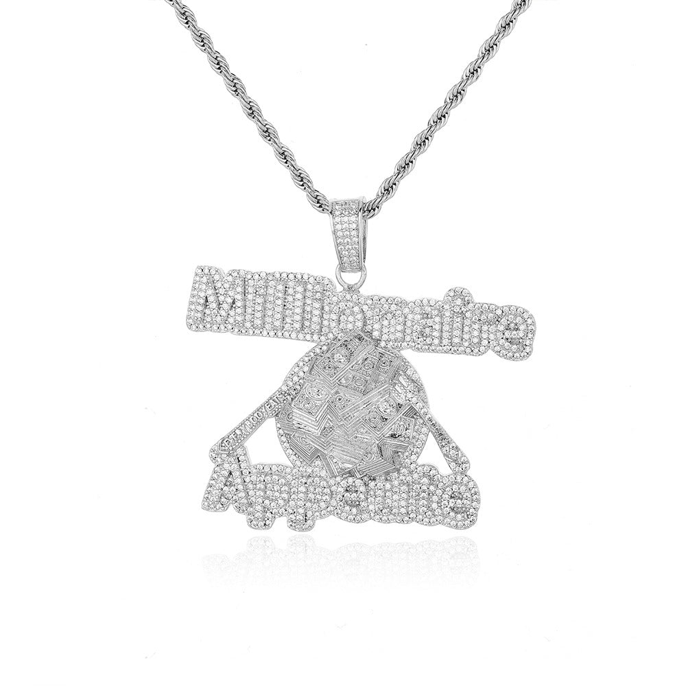 Iced Out Asymmetric Geometric Pendant Necklace, Copper Zircon Rope Chain Hip Hop Statement Jewelry
