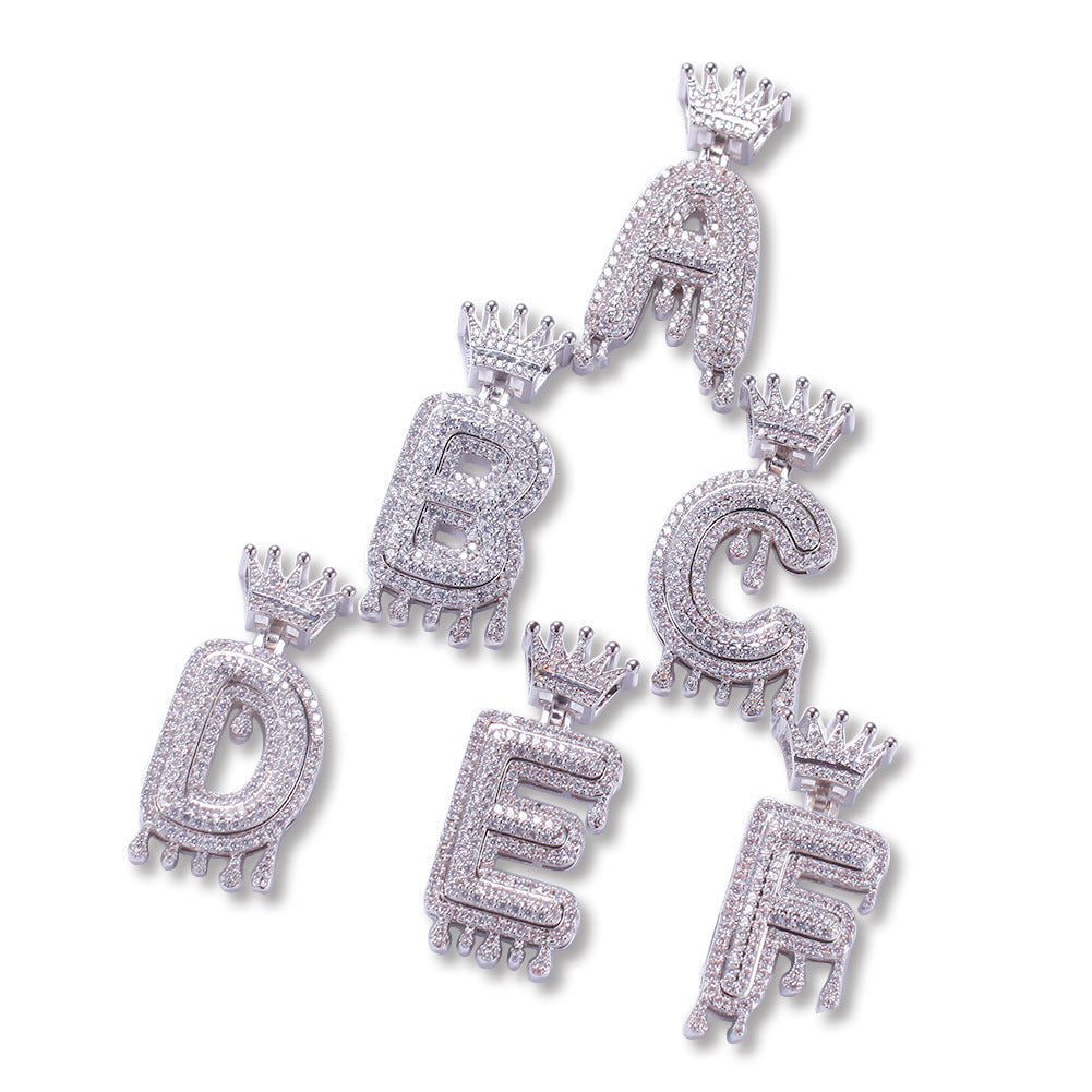 Iced Crown Initial Letter Pendant Necklace with Cubic Zirconia 24-Inch Twisted Chain for Women & Men