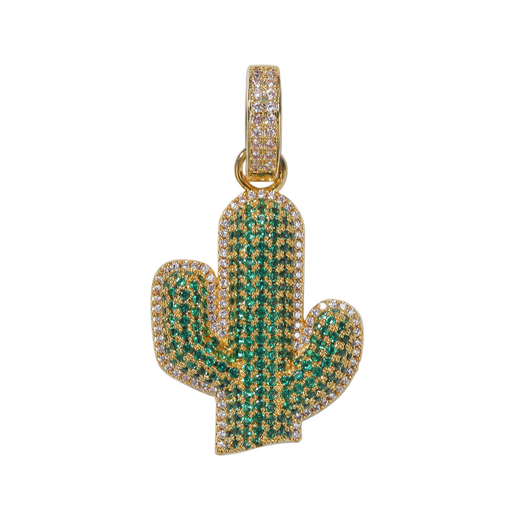 Iced Cactus Pendant Necklace for Women & Men - Cubic Zirconia Statement Chain in Gold or Silver Tone