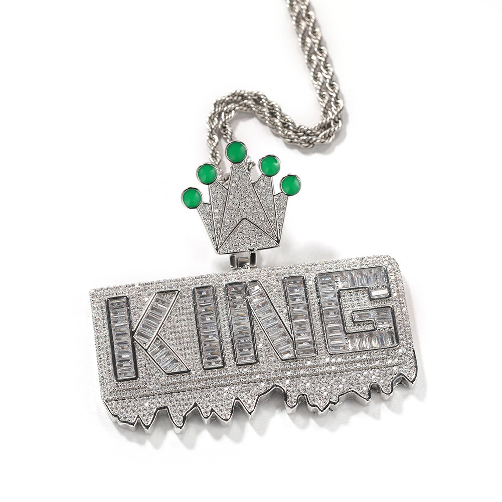 Iced Out KING Letter Pendant Necklace for Men and Women with Cubic Zirconia, Gold Plated Copper Hip Hop Statement Chain, 24 Inch Rope Twist Chain