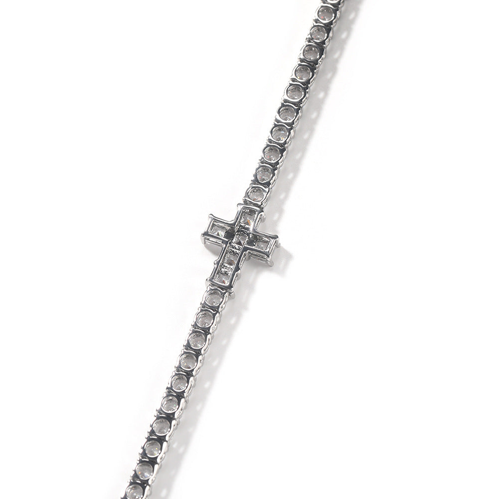 Men’s Silver Plated Cubic Zirconia Cross Chain Necklace Bracelet Set, 4MM Statement Pendant Jewelry