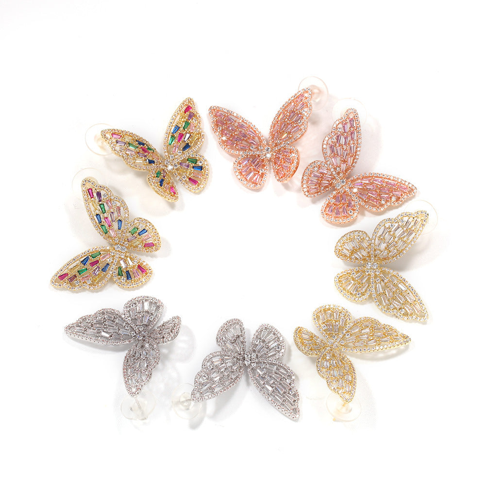 Pink Butterfly Cubic Zirconia Stud Earrings for Women - Rose Gold Tone Copper Statement Earrings