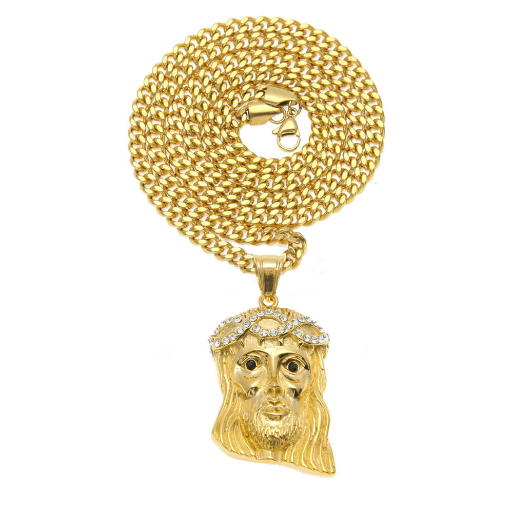 Gold Plated Stainless Steel Jesus Head Pendant Necklace with Cuban Chain for Men & Women